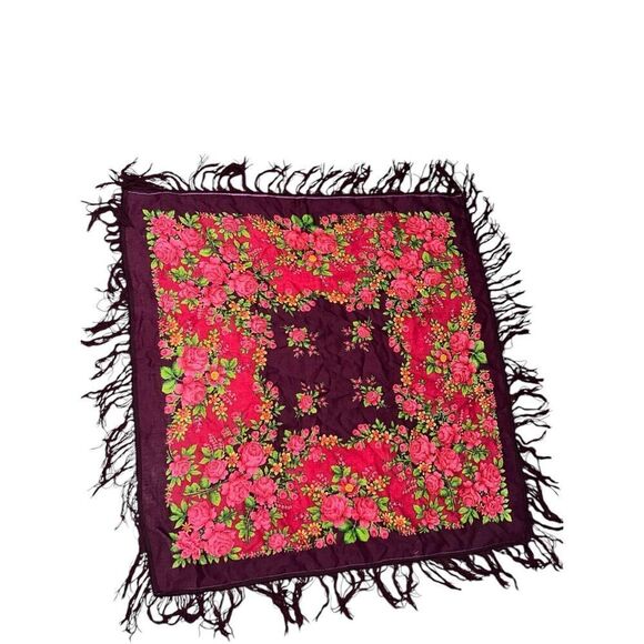 VINTAGE RARE SCARF VINTAGE AUTHENTIC FLORAL ART ROSES burgundy, GREEN approximat - Picture 3 of 6